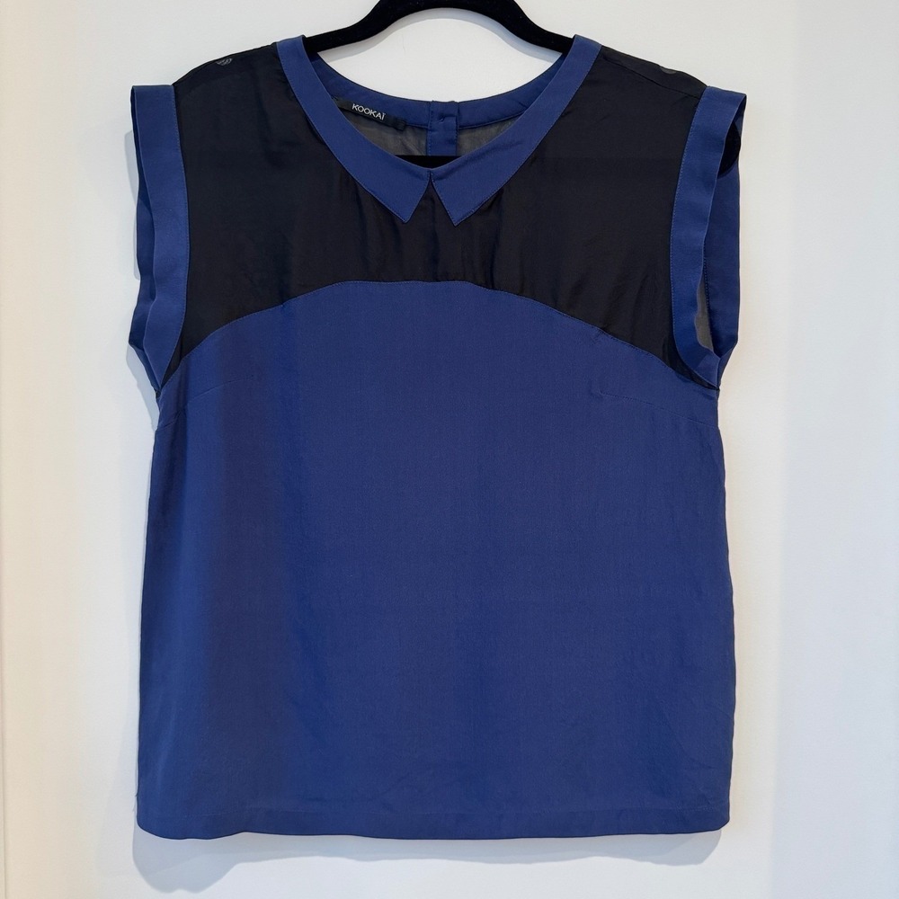 KOOKAÏ 100% Silk Top Womens 8 Peter Pan Collar Capri Blue Old Money Quiet Luxury